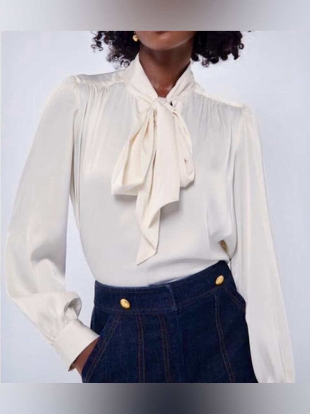 Tuckernuck x India Hicks Dunmore Tie Neck Stretch Satin Shirt in Ivory